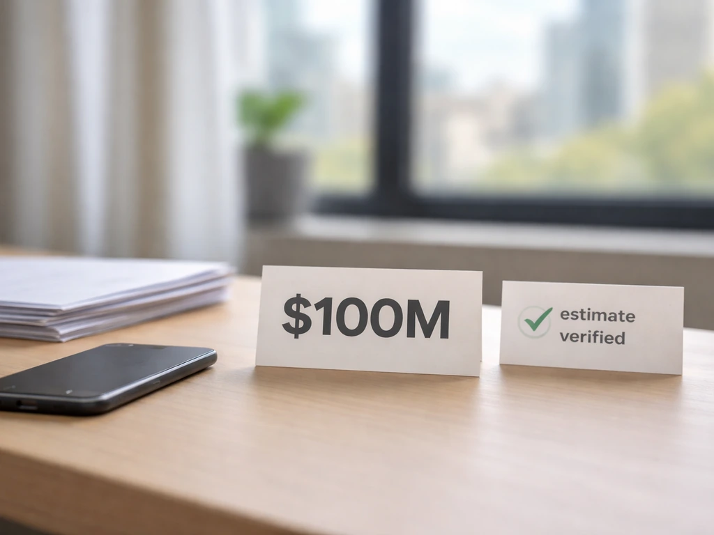 Minimal desk scene with a generic $100M headline card and a disclaimer-style graphic showing estimates vs verification