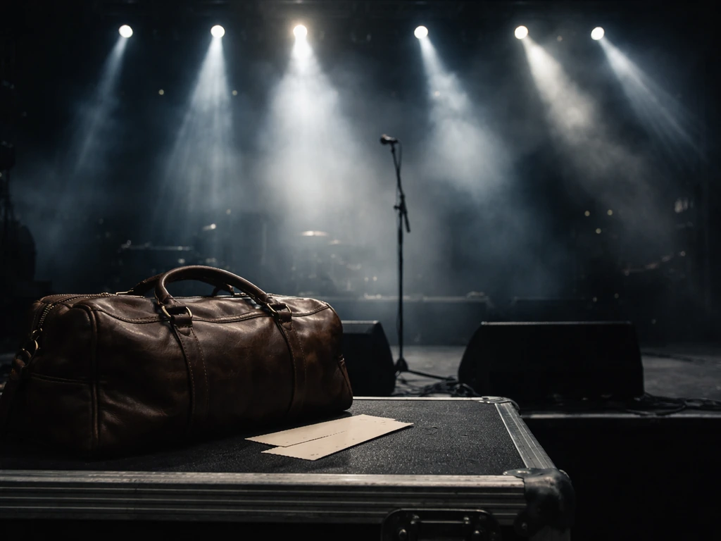 Empty concert stage with spotlights and a tour bag, symbolizing touring earnings without showing any person