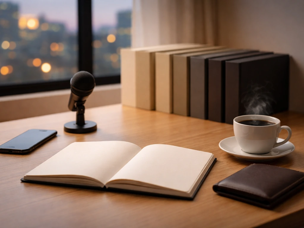 Minimal desk with wallet, phone, microphone, and softly blurred city view symbolizing growing net worth.